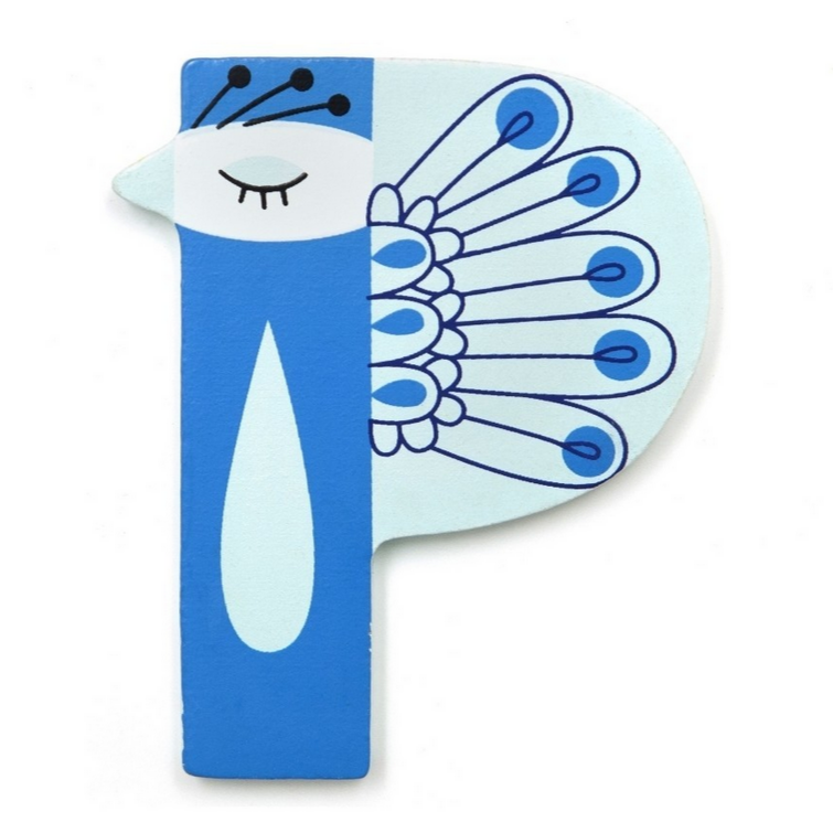 It is the letter P. It is a thin piece of wood, shades of blue and looks like a peacock. By Suzy Ultman