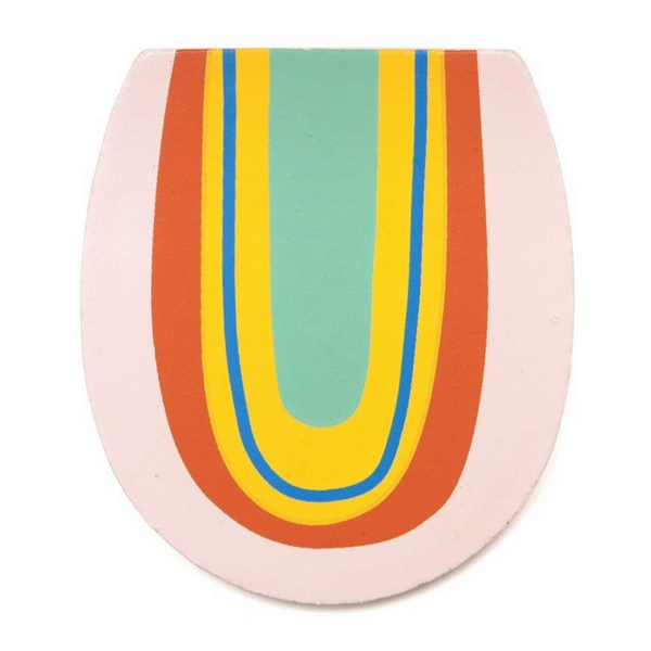 It is the letter U. It is a thin piece of wood, pink red yellow blue and teal and looks like a rainbow. By Suzy Ultman