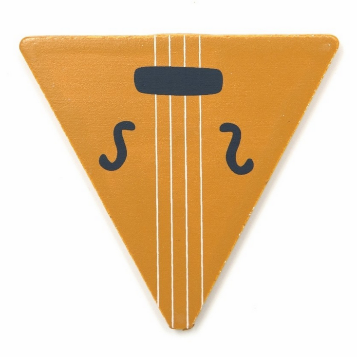 It is the letter V. It is a thin piece of wood, it is gold and looks like a violen. By Suzy Ultman