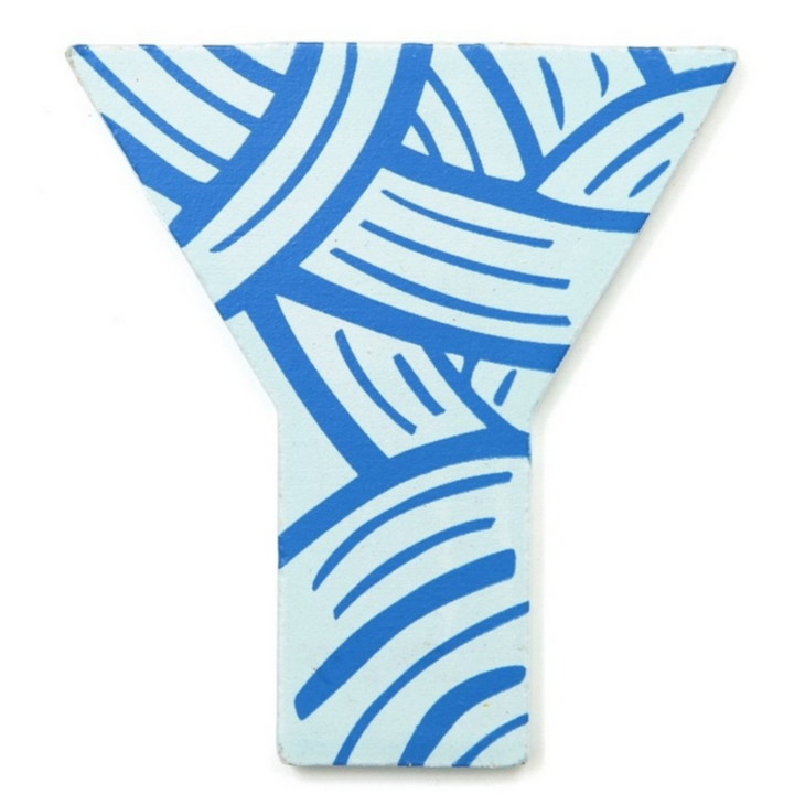 It is the letter Y. It is a thin piece of wood, light blue and looks like yarn. By Suzy Ultman