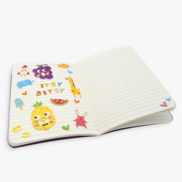 colorful stickers in a lined notebook