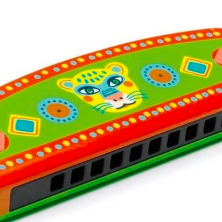 green harmonica with tiger face and colorful designs