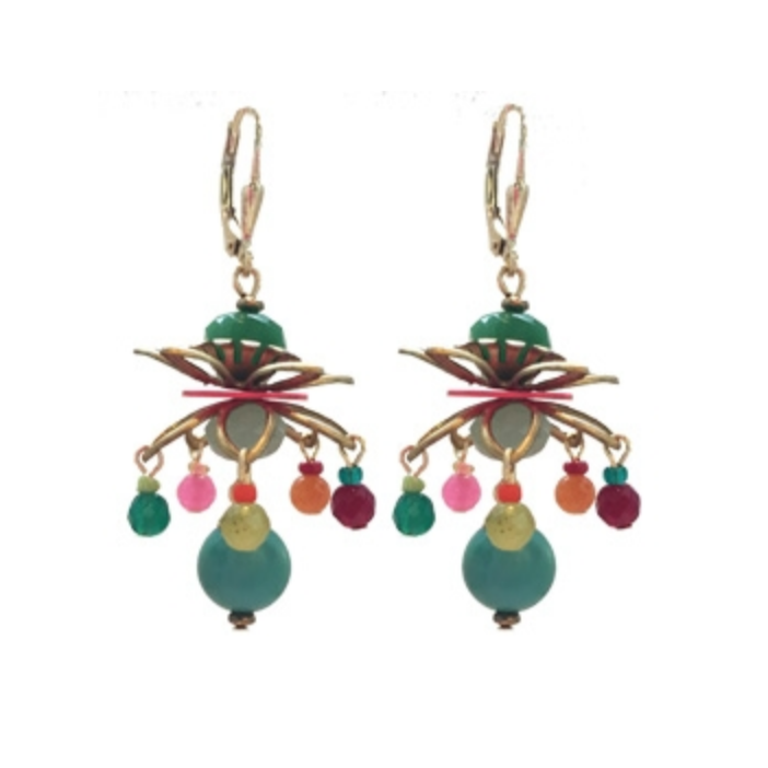 Lotus Vintage Glass, Jade and Onyx Earrings