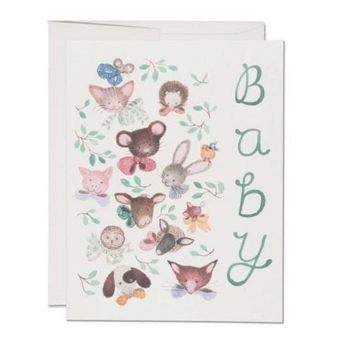 vintage looking baby animal illustrations with bows and says "baby"