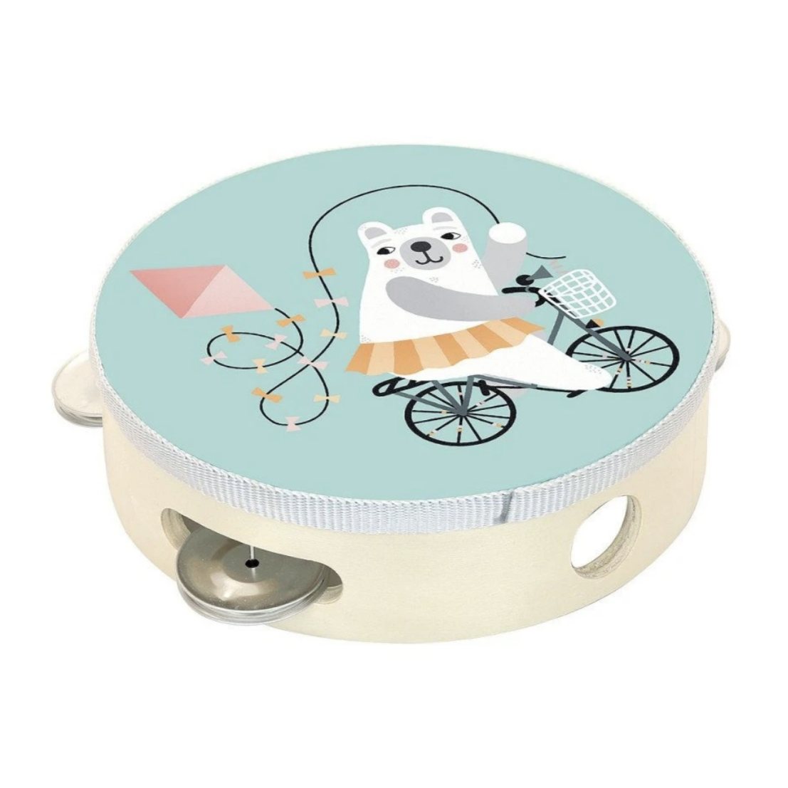 closeup of tambourine with bear picture on it