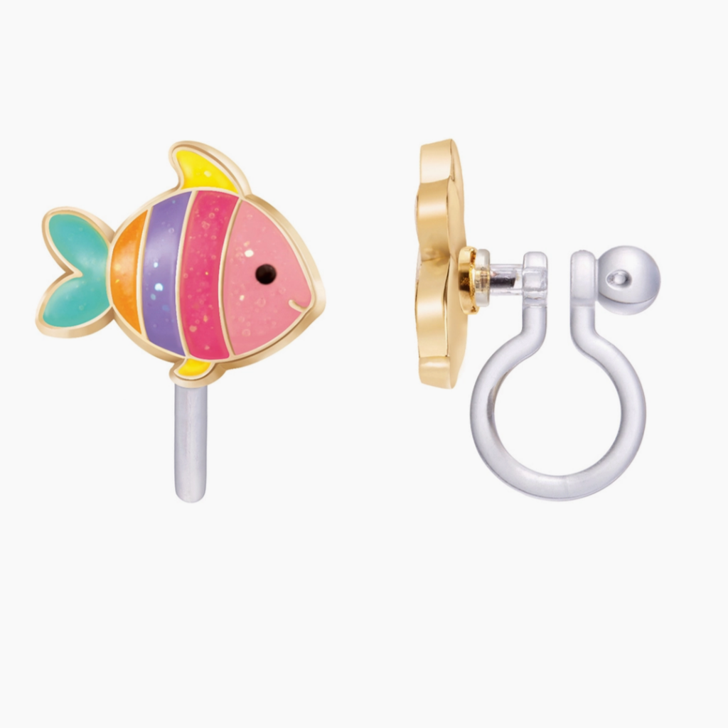pink striped fish clip on earrings