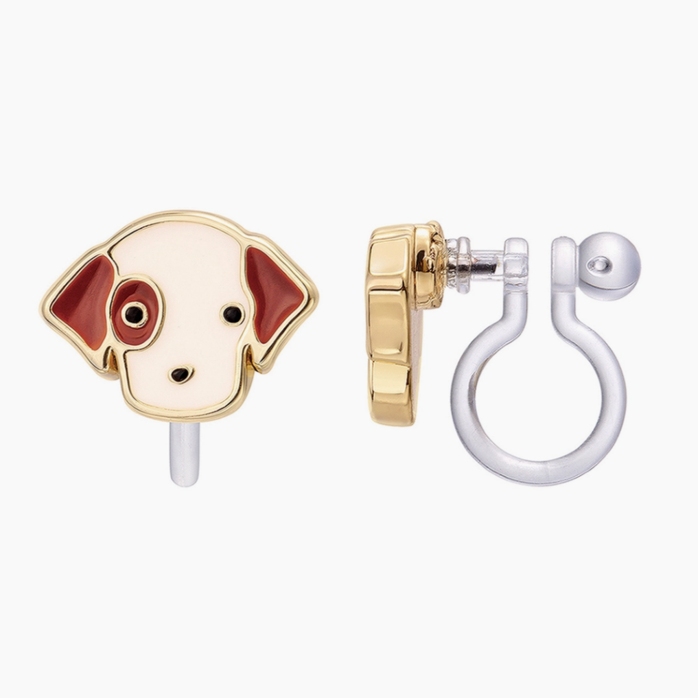 brown and white dog head clip on earrings