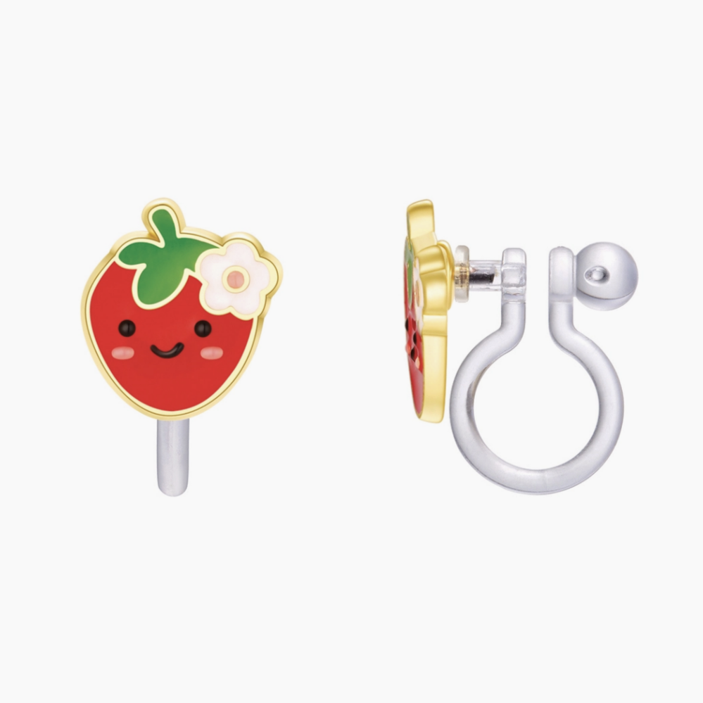 strawberry with cute face and white flower clip on earrings