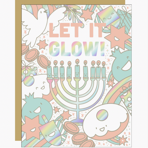 card with menorah and words that say "let it glow!"