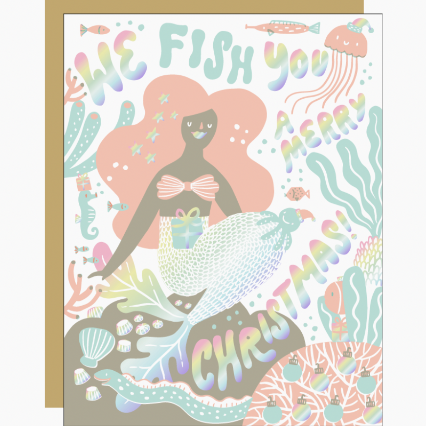 mermaid card with "we fish you a merry Christmas" written on it