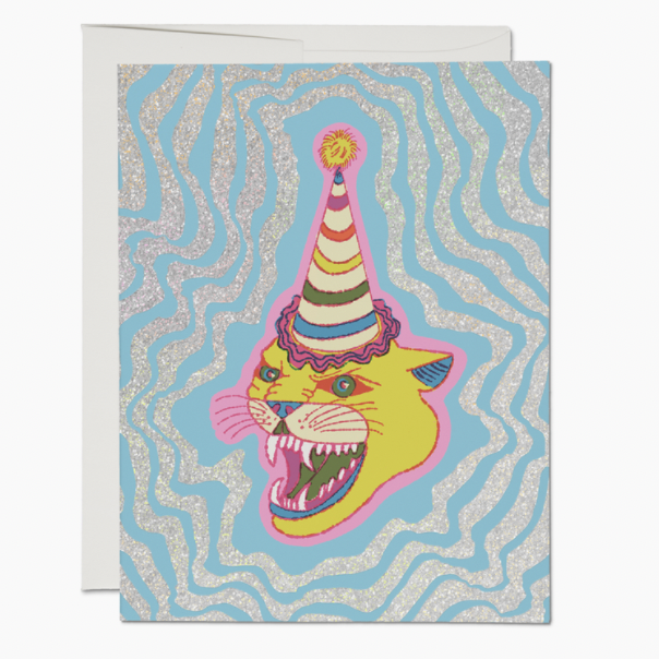 yellow growling cat with party hat and blue wavy background