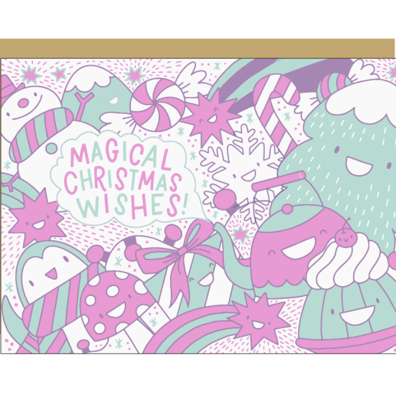 wintery things like snowman, peppermint  and tea pot that reads "magical Christmas Wishes"