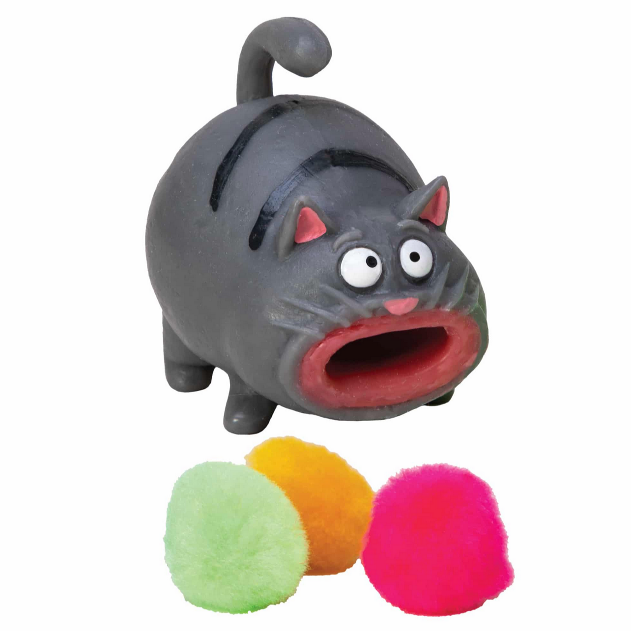 grey striped cat with three colorful pom poms