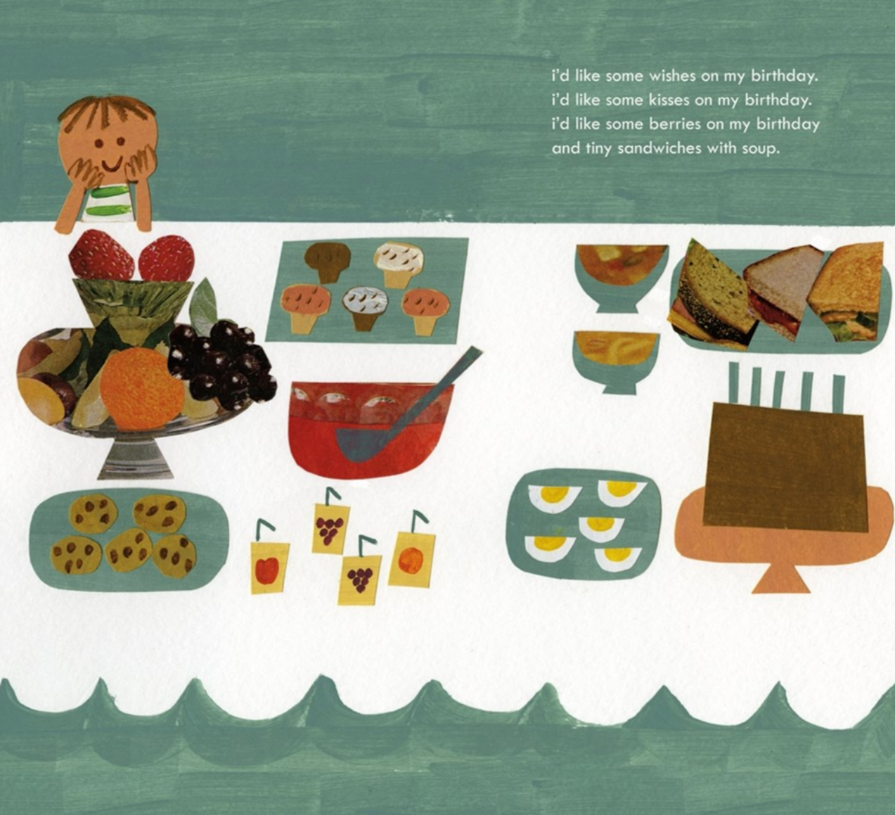 child looking at a long table of food