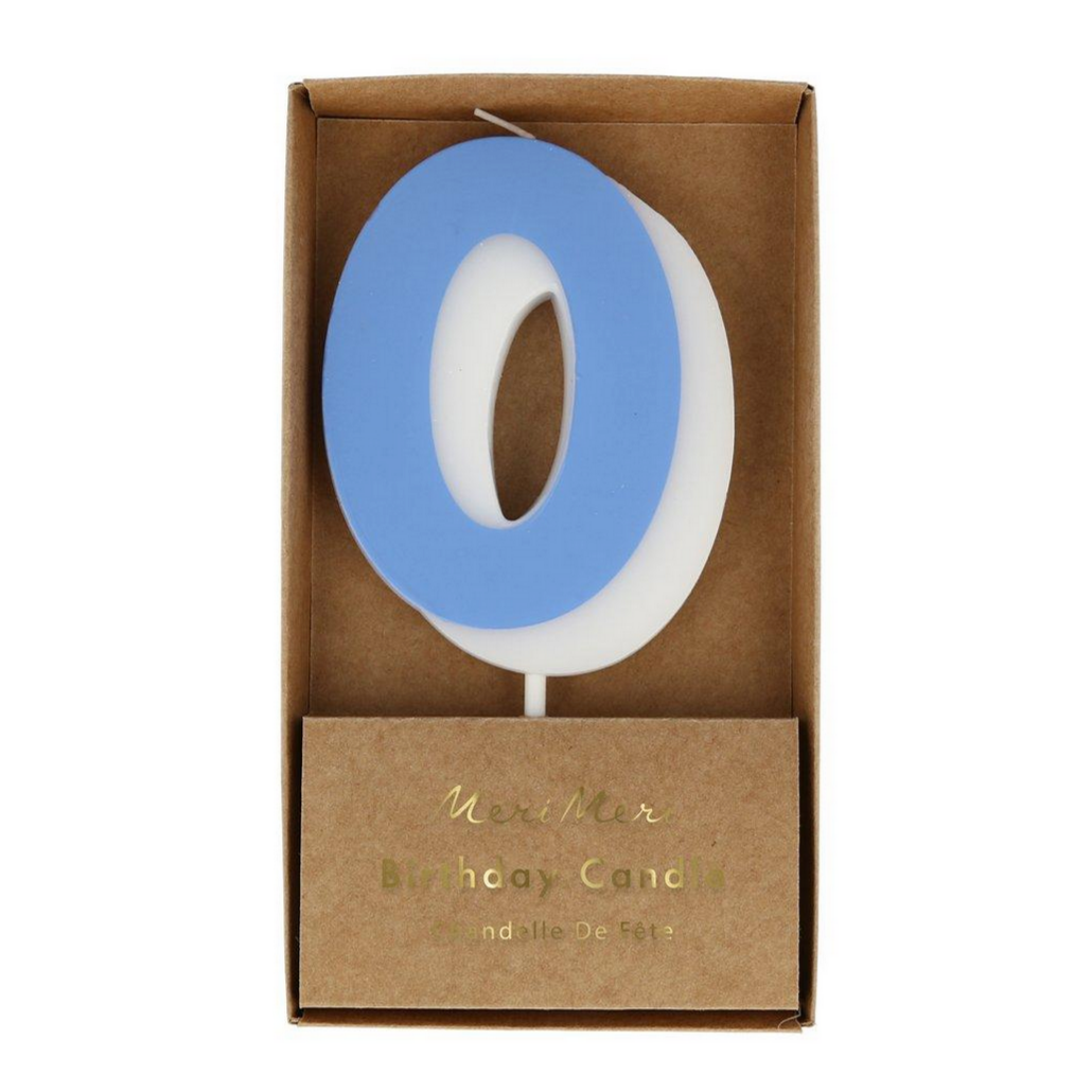 blue number 0 in kraft box