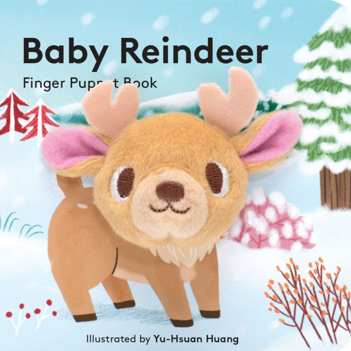 A finger puppet book cover featuring a cute illustration of a baby reindeer with a snowy background.