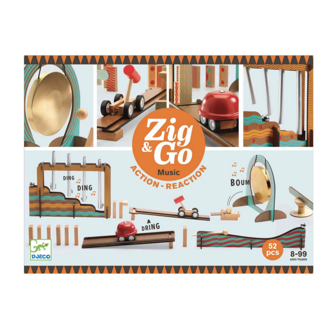 Packaging for Zig & Go Music -52pcs toy set, showing various wooden components and completed setups for a physics-based activity toy.