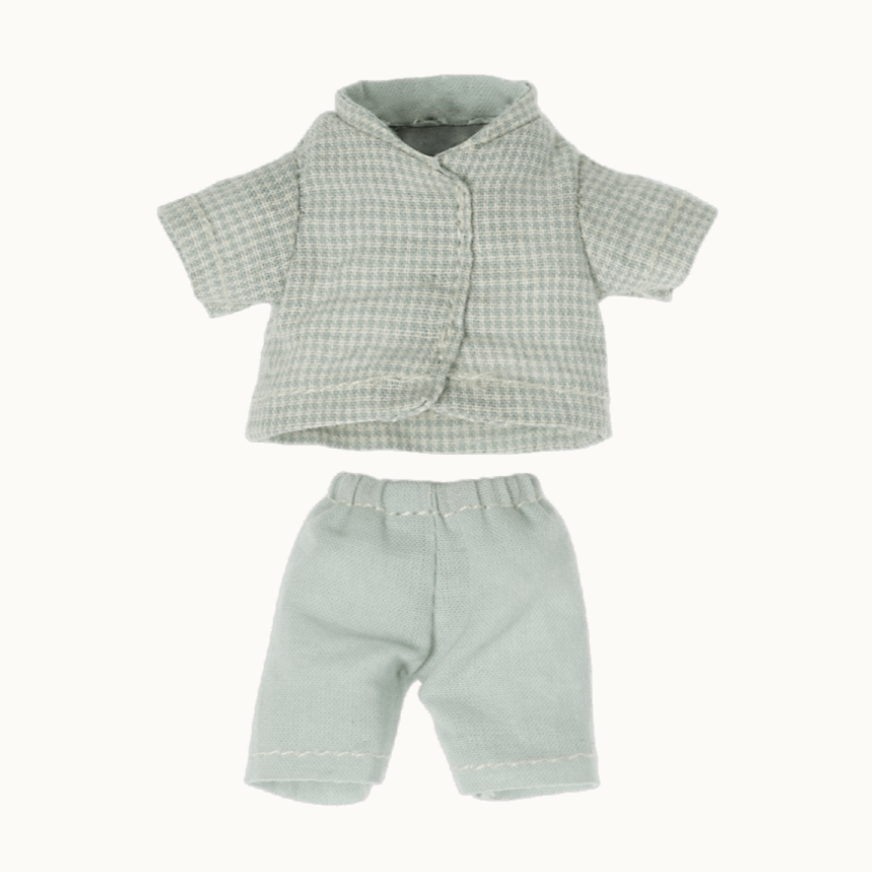A set of green checkered pajamas for a little brother mouse, including a shirt and shorts.