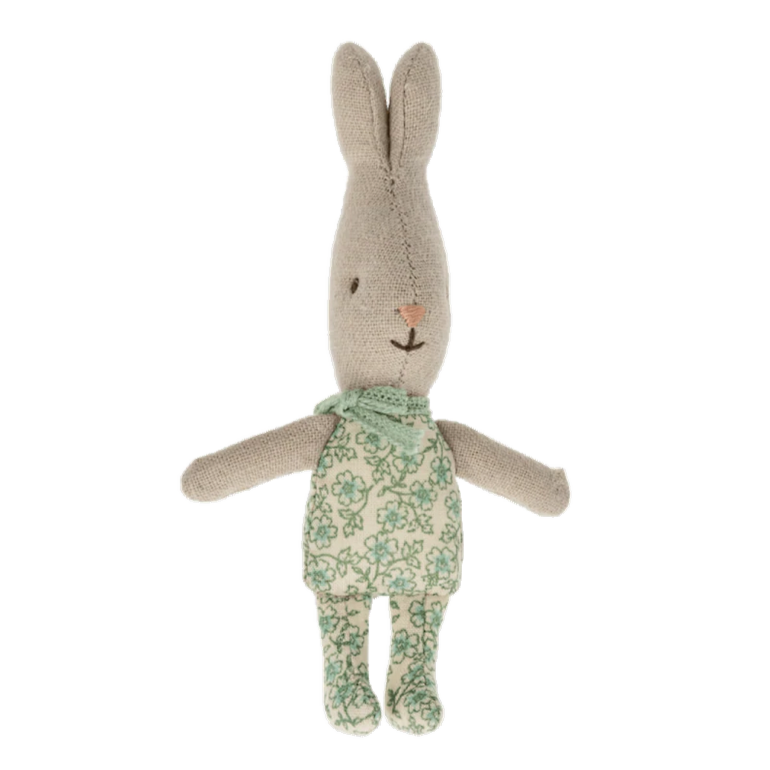 A small plush toy rabbit with a green flower printed fabric body, a cute bow, and a beige face.