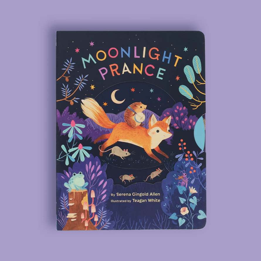 Cover of the children's board book 'Moonlight Prance' featuring illustrations of animals such as a fox and a hedgehog in a forest setting at night, with a purple background.