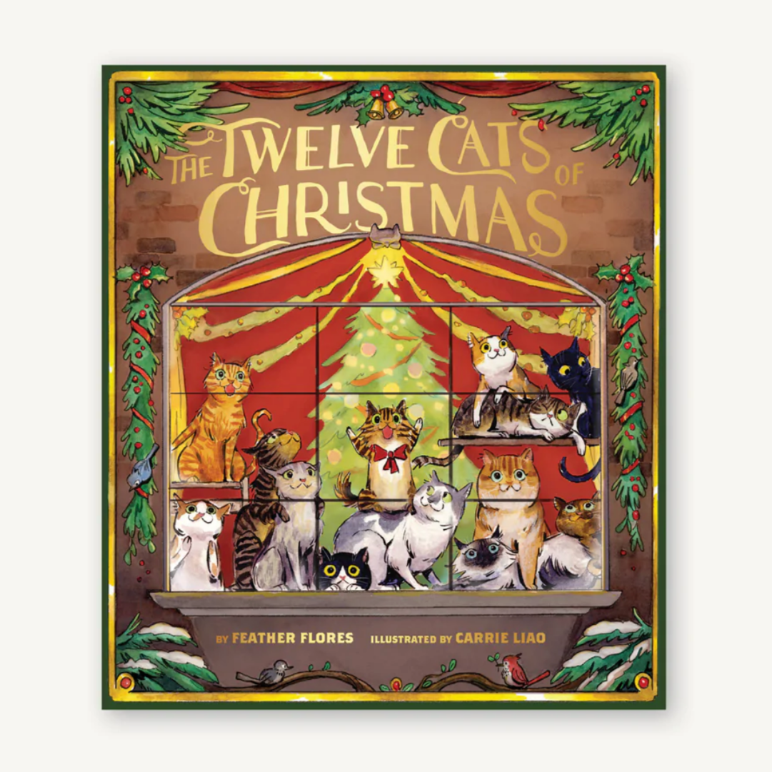 A colorful book cover of 'The Twelve Cats of Christmas' featuring illustrations of twelve cats and one kitten, with a Christmas tree and festive decorations in the background.