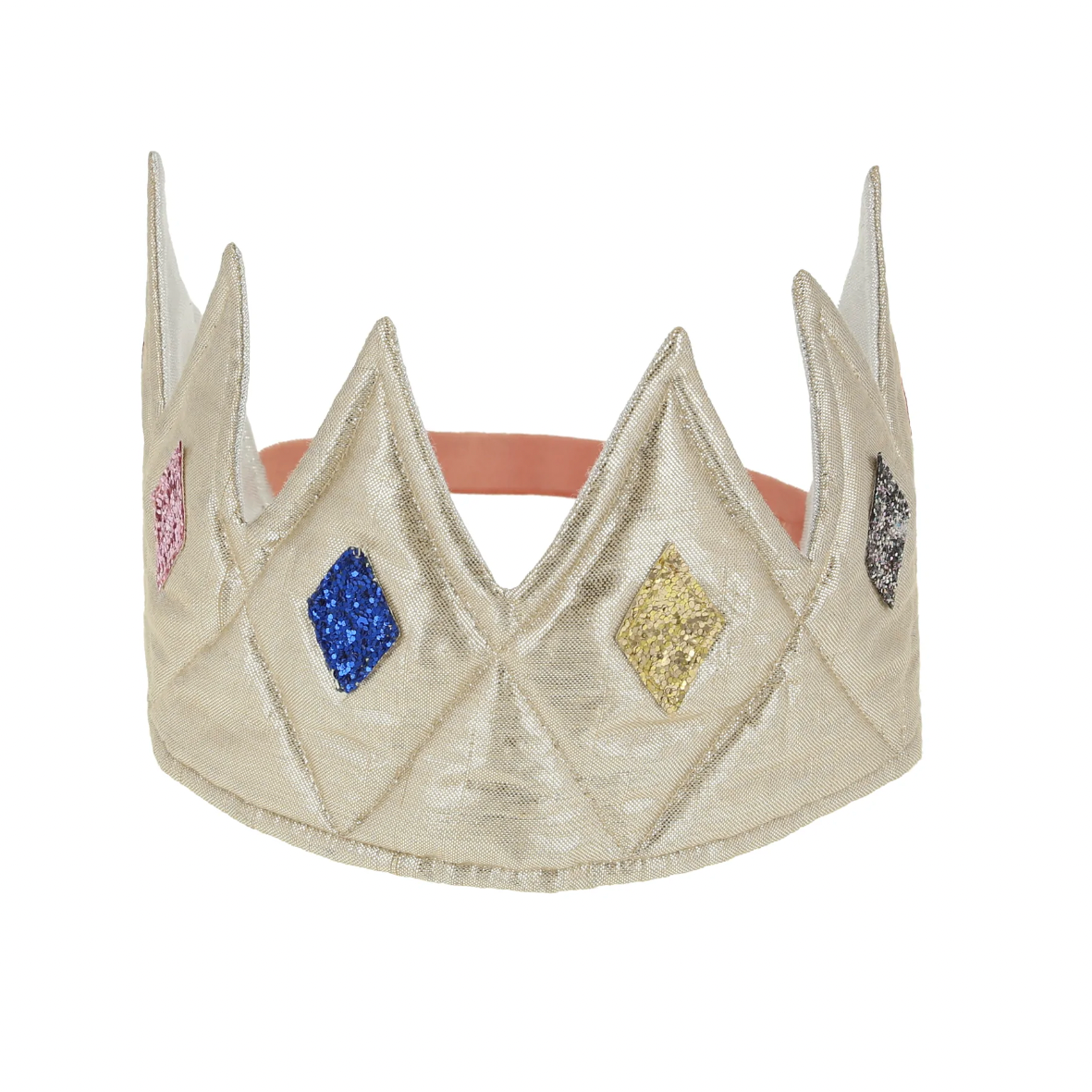 A golden fabric crown with glitter details and a pink velvet elastic band at the back.