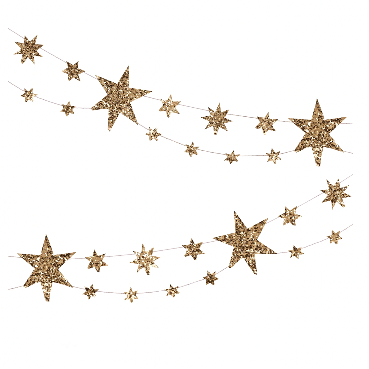 A garland consisting of gold and white stars with a dusting of ECO platinum gold glitter, strung together with gold and white bakers twine.