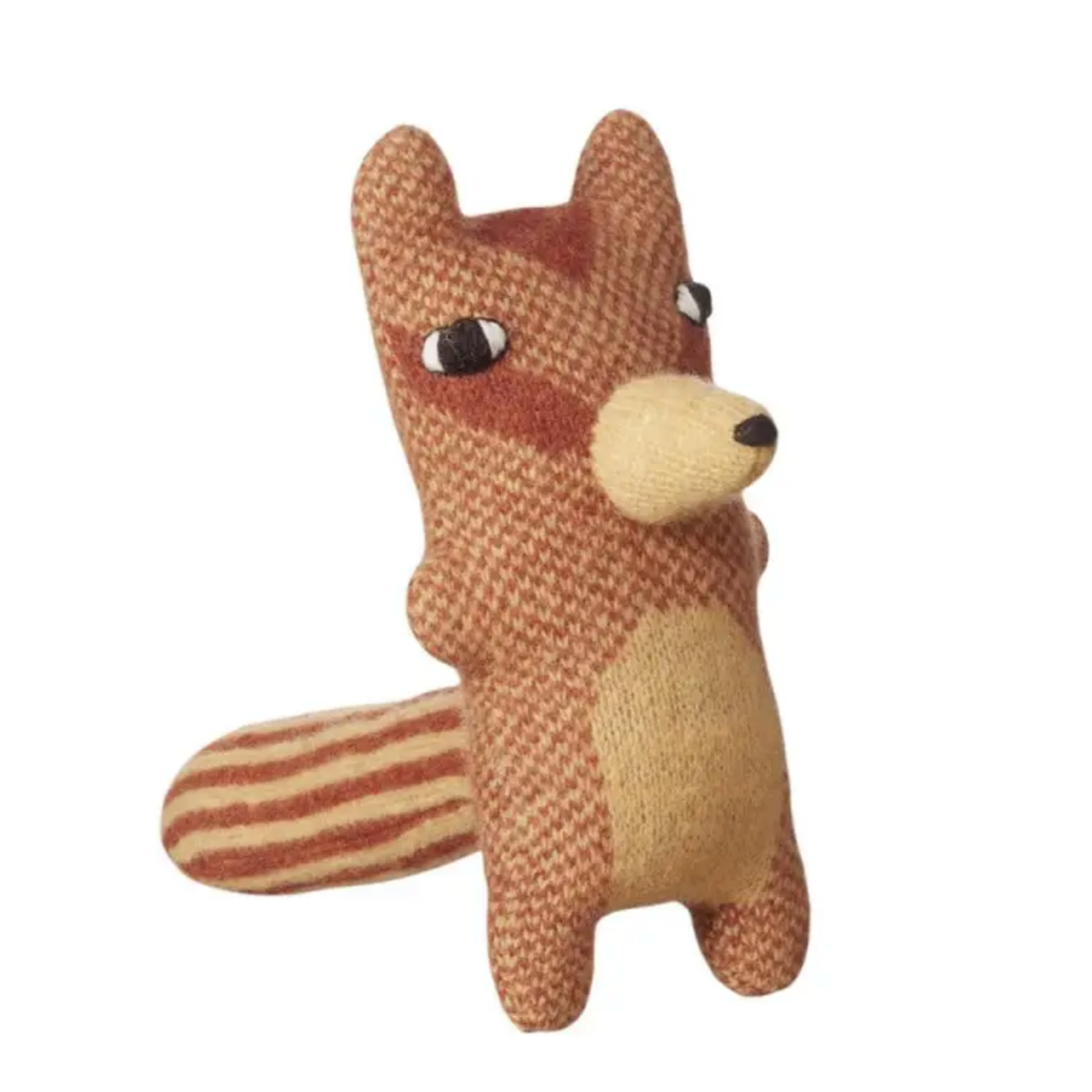 A plush toy resembling a chipmunk with a checkered brown and beige pattern, featuring embroidered details and a name tag.