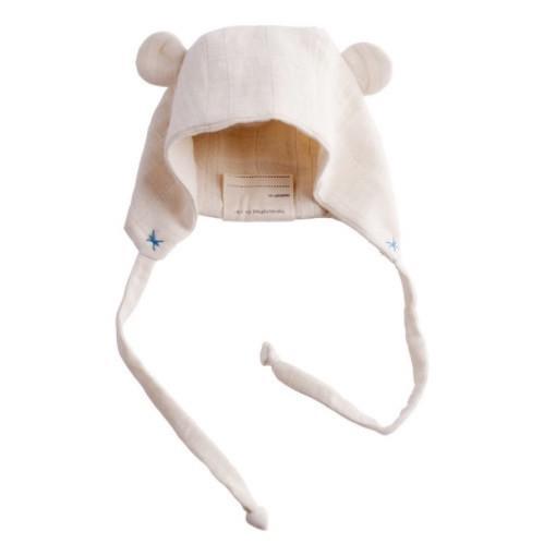 front view of bear hat with blue stitching