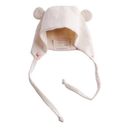 front view of bear hat with pink stitching