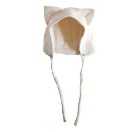 cat eared bonnet with green stitching