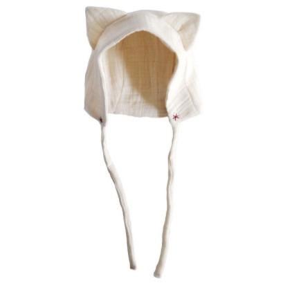 cat eared bonnet with red stitching