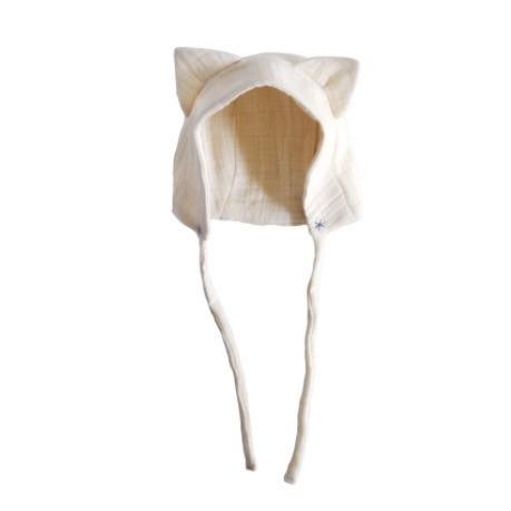 cat eared bonnet with purple stitching