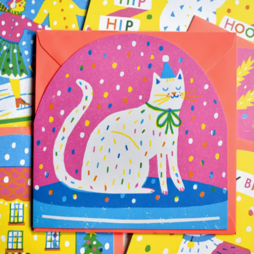 Party Cat Large Snowglobe Card -Louise Lockhart