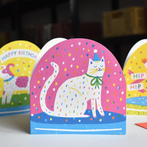 Party Cat Large Snowglobe Card -Louise Lockhart