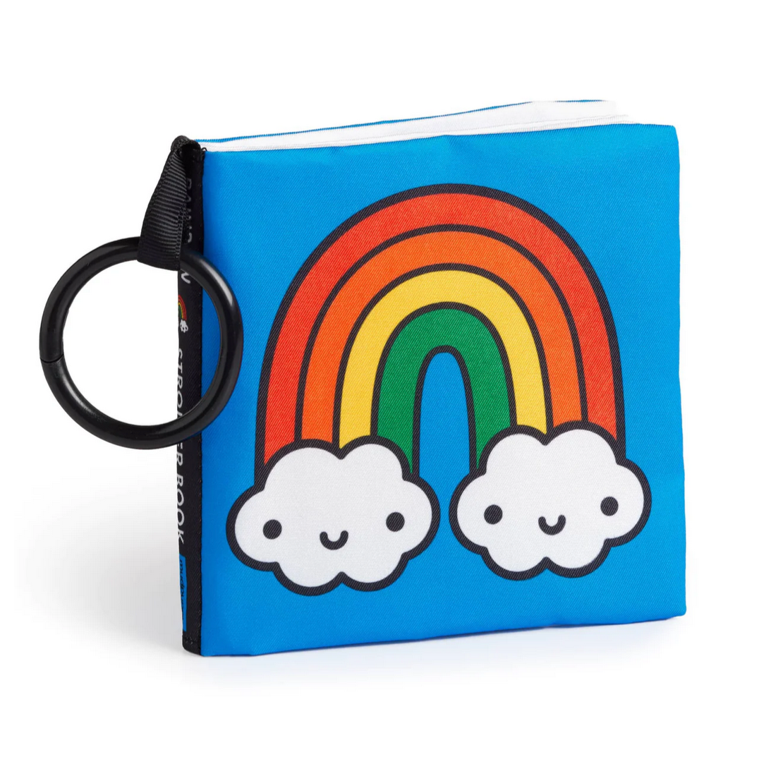 A colorful baby stroller book with a rainbow and clouds design on the cover, designed with crinkle fabric pages.