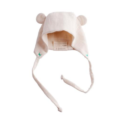 front view of bear hat with green stitching