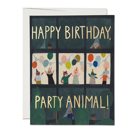 green card with window into party and yellow text