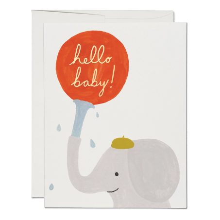 elephant with yellow hat and water spout with yellow cursive text