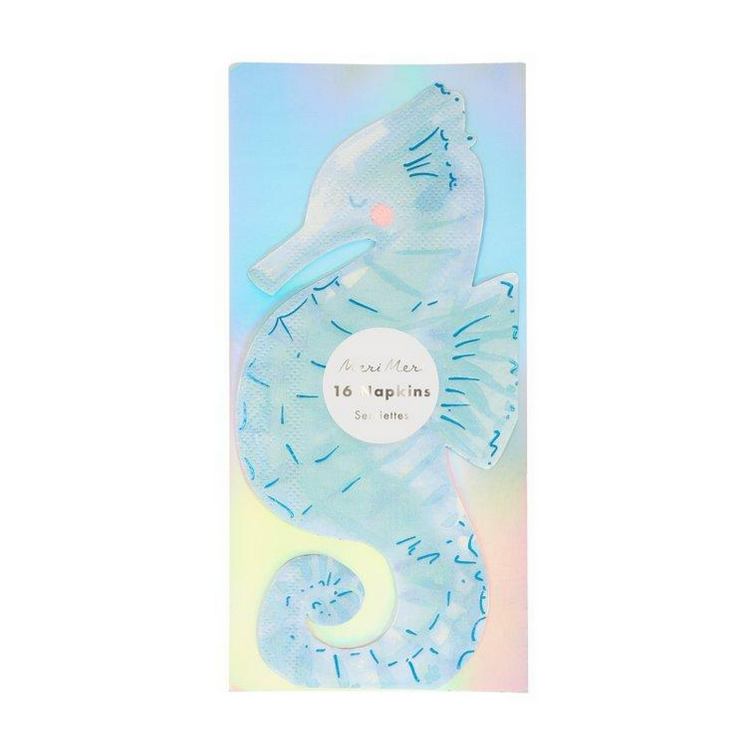 seahorse shaped blue napkins in holographic packaging
