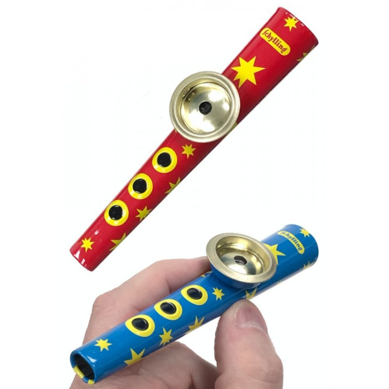 hand holding blue kazoo