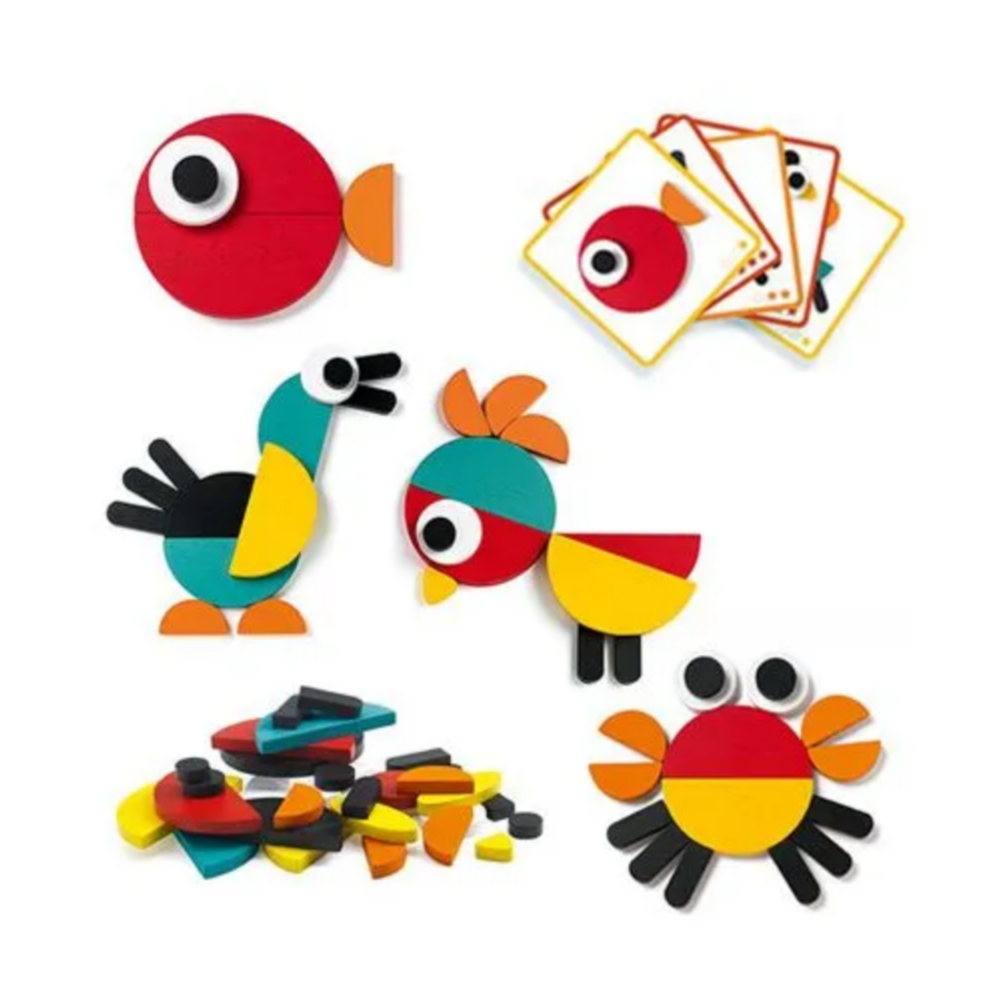 picture of animals made from colored wood and pile of different wooden parts