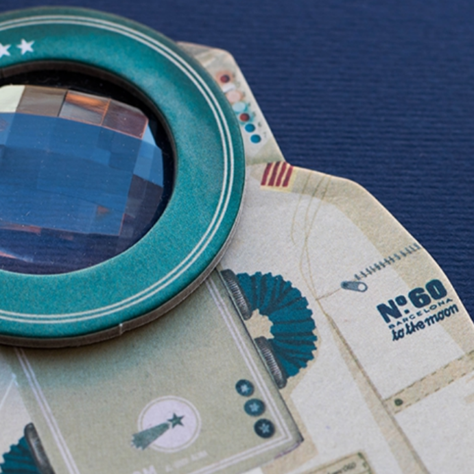 close up of astronaut with lense for head