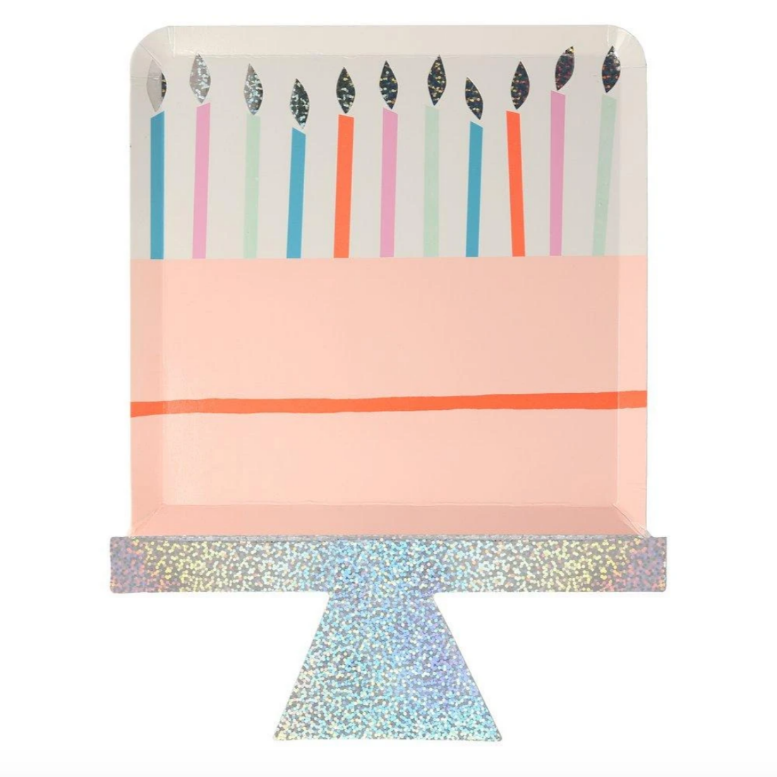 A rectangular birthday cake plate with a colorful cake design and birthday candles on it. The plate has silver sparkle foil detail at the bottom.