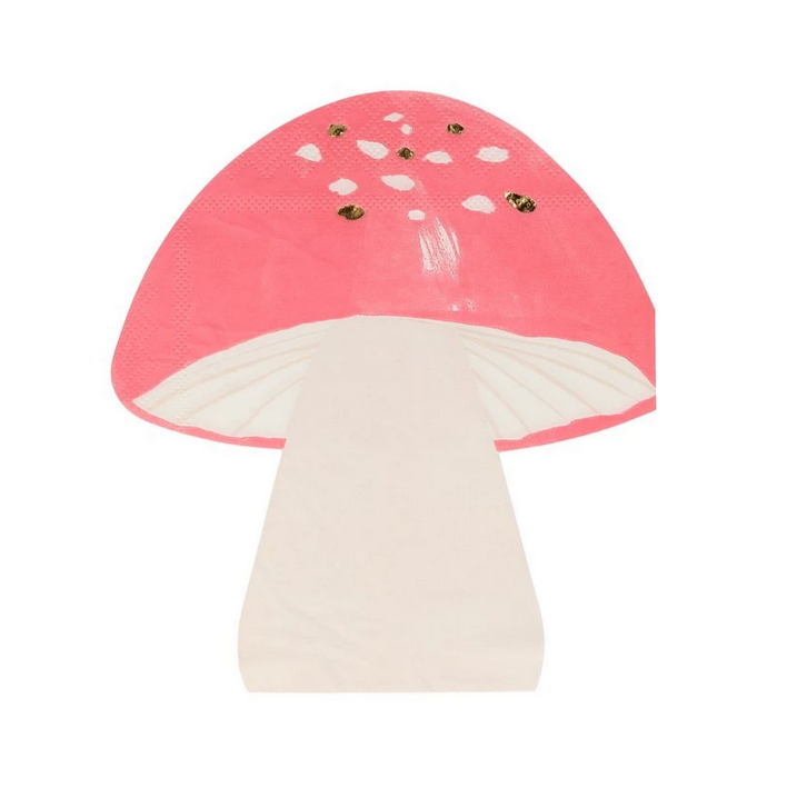 A folded napkin crafted in the shape of a toadstool with a red cap and white stem, featuring gold foil details.