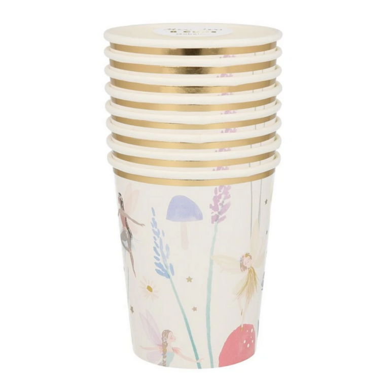 paper cups eith playful illustrations of faries flowers and other plants