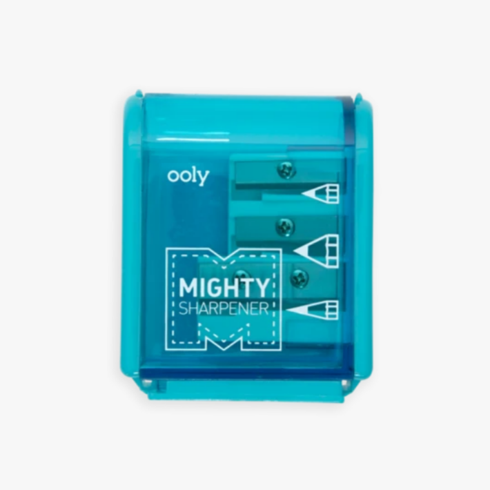 front of blue pencil sharpener