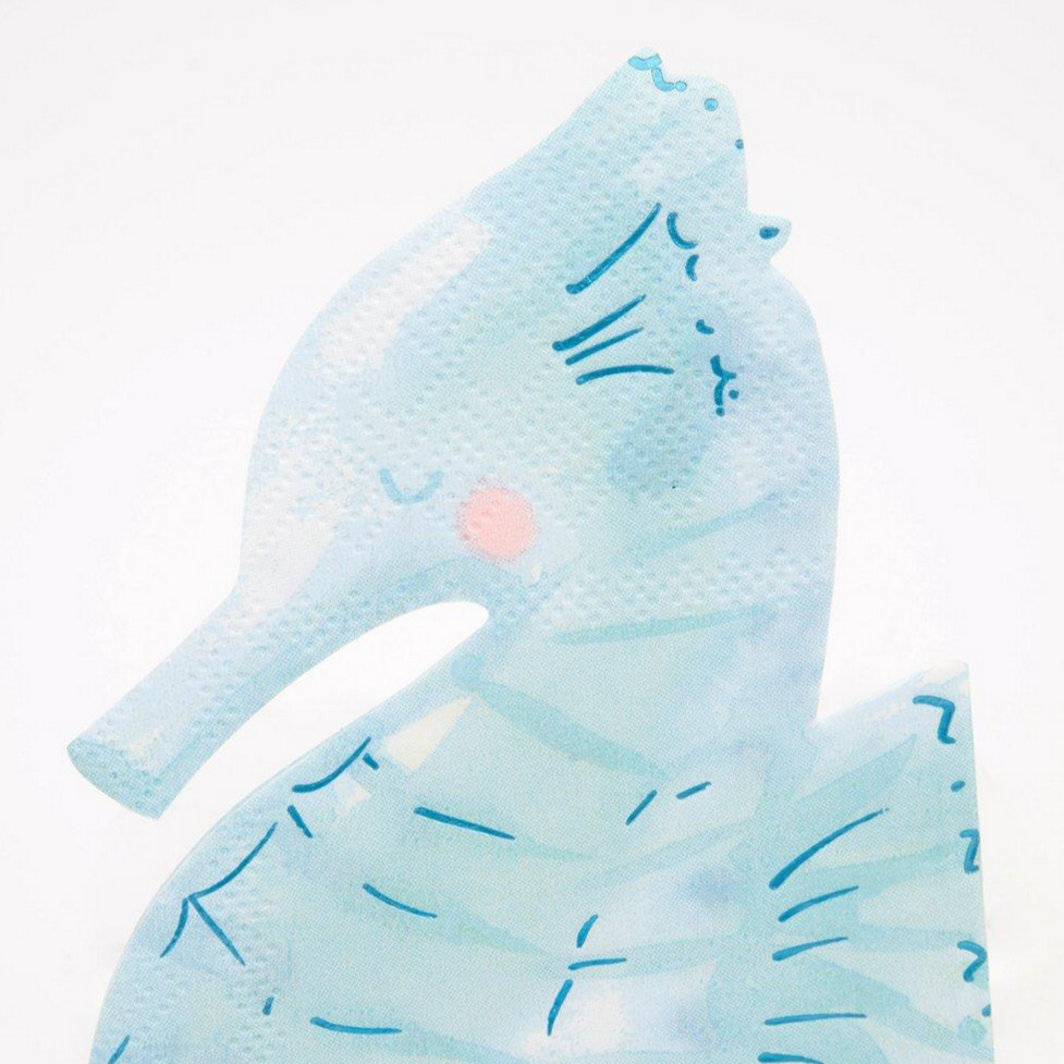 detailof seahorse face on seahorse shaped blue napkins