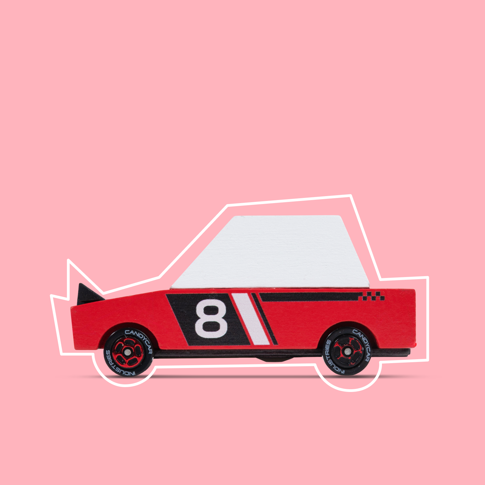 Red toy car with number 8 on a pink background