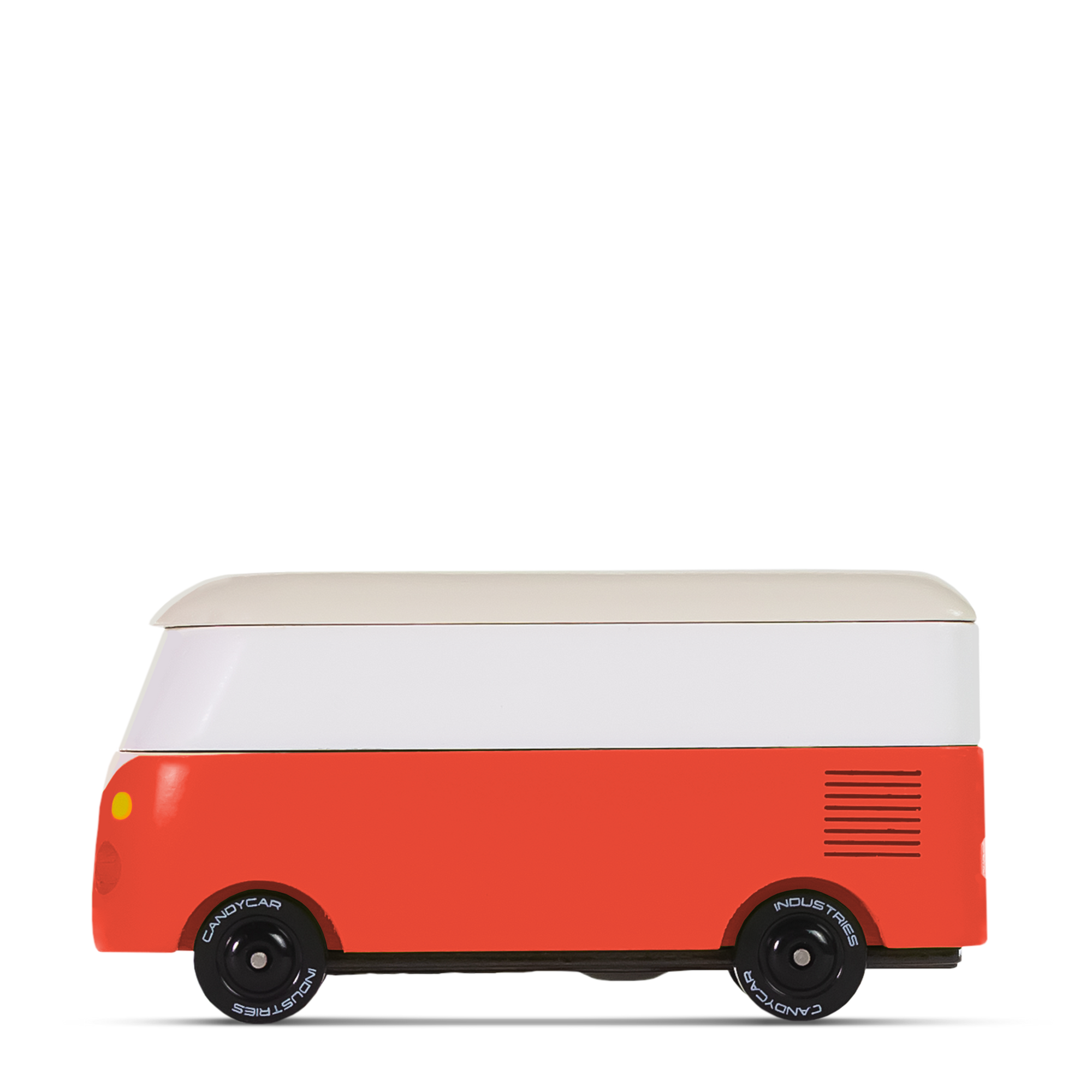 Red and white car shaped like a van on a white background